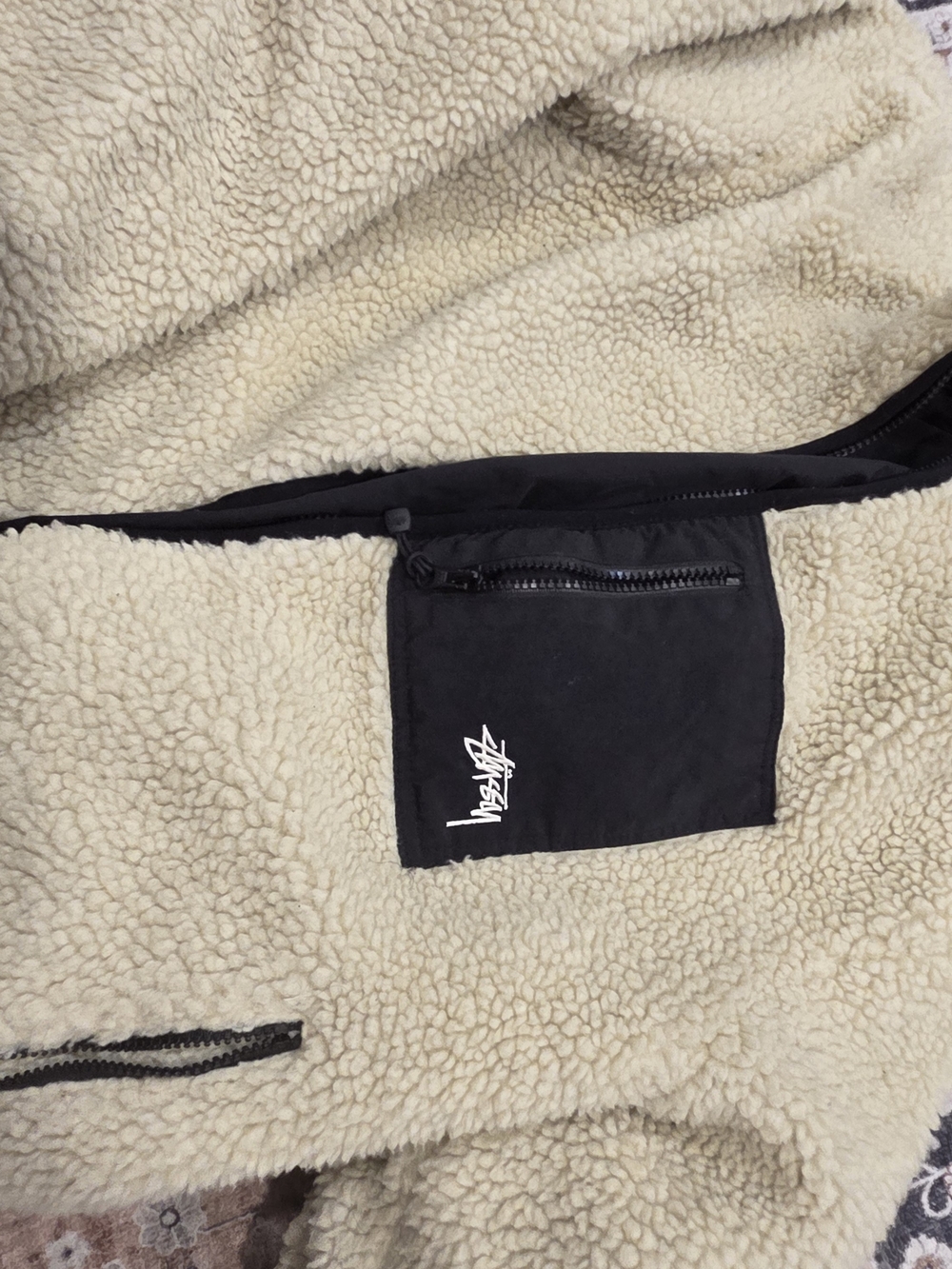Stussy Cream Sherpa Bomber Jacket with Black Pocket